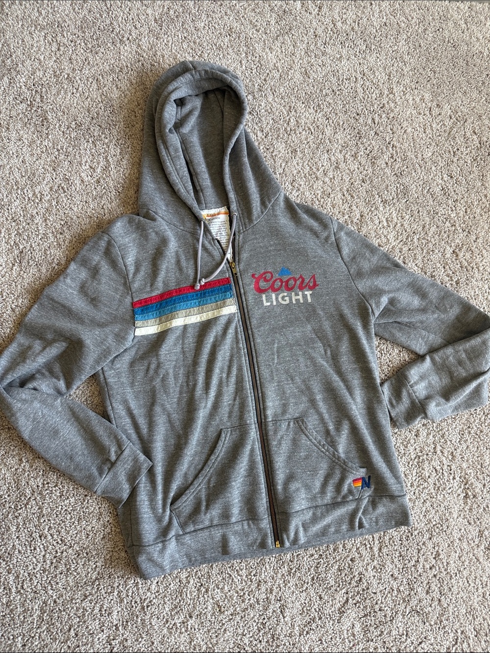 Aviator Nation Coors Light Gray Zip-Up Hoodie with Retro Stripe XXL
